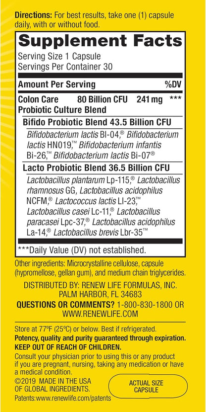 Renew Life Probiotic Colon Care Probiotic Capsules, Daily Supplement Offers Colon Support, L. Rhamnosus GG, Dairy, Soy and gluten-free, 80 Billion CFU, 30 Count