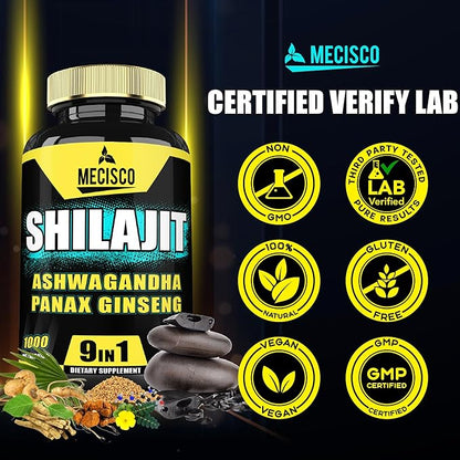 9in1 Shilajit Pure Himalayan Organic with Ashwagandha Root, Panax Ginseng, L-Arginine, Chaga & More - 210 Capsules - Shilajit Supplement for Immunity, Energy Production, Stamina & Comfortable Mood