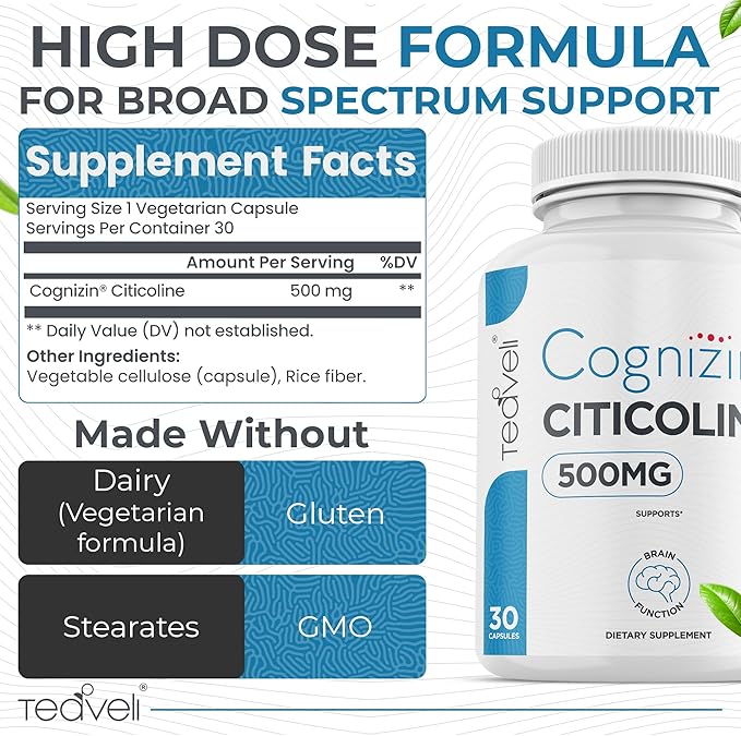 Cognizin Citicoline- 500mg CDP Choline Capsules- Clinically Studied Brain Supplement to Support Clarity, Concentration and Memory – Most Bioavailable Form of Choline Supplements - 30 Servings