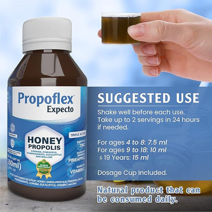 Beelife Propoflex Expecto Cough Syrup - Triple-Action - Natural Cough Syrup for Kids & Adults - Made in Brazil Green Propolis - Zinc, Bromelain, Vitamin C- 150 ml