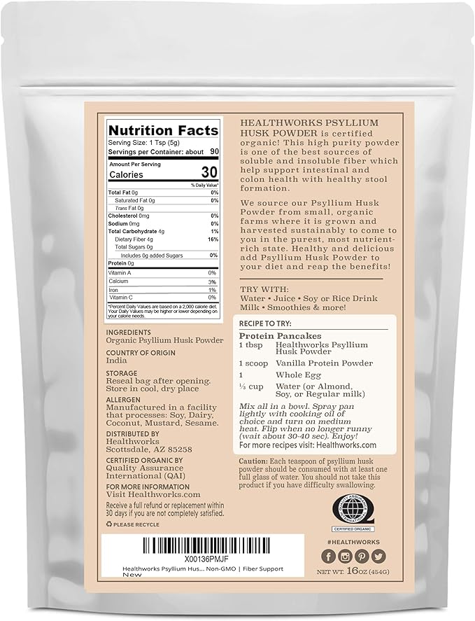 Healthworks Psyllium Husk Powder Organic -16 Oz / 1 Lb - Raw - Certified Organic - Finely Ground Powder from India - Keto, Vegan & Non-GMO - Fiber Support