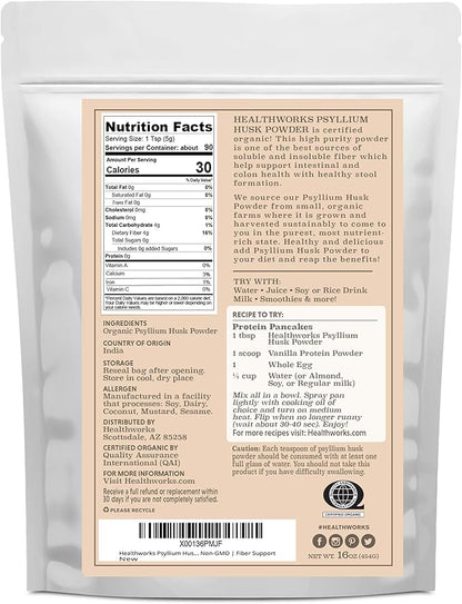 Healthworks Psyllium Husk Powder Organic -16 Oz / 1 Lb - Raw - Certified Organic - Finely Ground Powder from India - Keto, Vegan & Non-GMO - Fiber Support