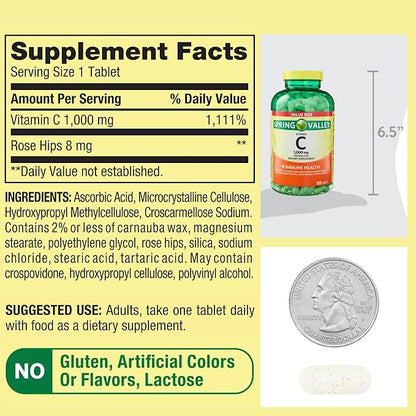 Spring Valley Vitamin C 1000mg with Rose HIPS Tablets Dietary Supplement, 500 Count, Antioxidant Protection* (Pack of 1)