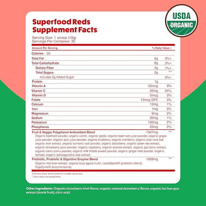 Feel Great USDA Organic Reds & Super Greens Powder Combo (2-Pack) | Over 35+ Greens, Fruits & Veggies, Fiber, Probiotics & Digestive Enzymes | 30 Servings