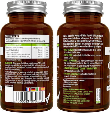 Igennus Advanced rTG Omega-3 IFOS Certified Wild Fish Oil & Vitamin D3, 1-a-Day, Fatty Acids EPA & DHA, Fast-Acting Triglyceride Form, Ultra Pure & Non-GMO, 60 Softgels