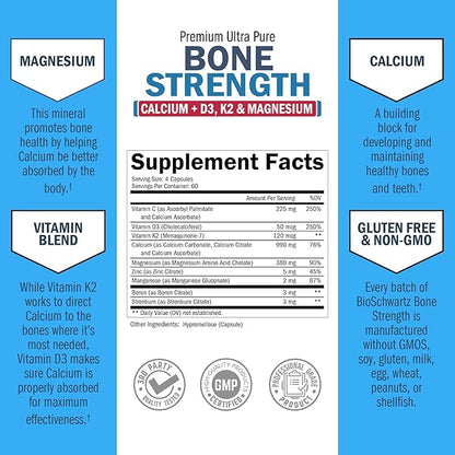 High Absorption Bone Strength Supplement - Gentle Non-Constipating Bone Health Supplement for Women & Men with 9-in-1 Complex with Calcium Magnesium Zinc D3 K2 & More - 3rd Party Tested - 2 Months