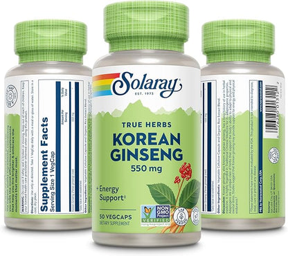 SOLARAY Korean Ginseng 550 mg - Ginseng Root - Stress, Physical Endurance and Energy Supplements - Non-GMO, Vegan, Lab Verified - 50 Servings, 50 VegCaps