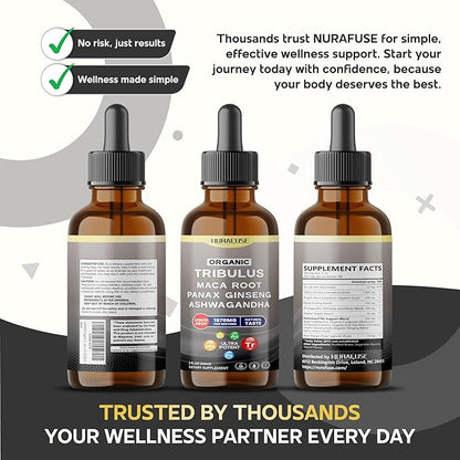 Organic Tribulus, Maca Root, Panax Ginseng, Ashwagandha Liquid Drops – 1670mg per Serving, Ultra Potent, Natural Taste, USA Made & Lab Tested – 2 FL OZ (60ml)