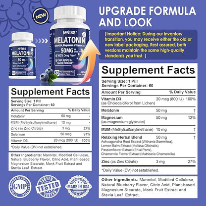 Melatonin 50 mg for Adults - Extra Strength 9-IN-1 Fast Dissolve Sublingual - w/ Vitamin D3 & MSM, Relaxing Herbal Blend-Ashwagandha, Lemon Balm, Passionflower,Chamomile,Sugar Free, Vegan 60 Servings