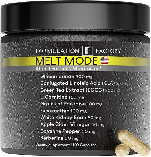 Melt Mode 10-in-1 Wellness Supplement with Green Tea Extract, L-Carnitine, CLA, Glucomannan & More (120 Capsules - 2 Month Supply)
