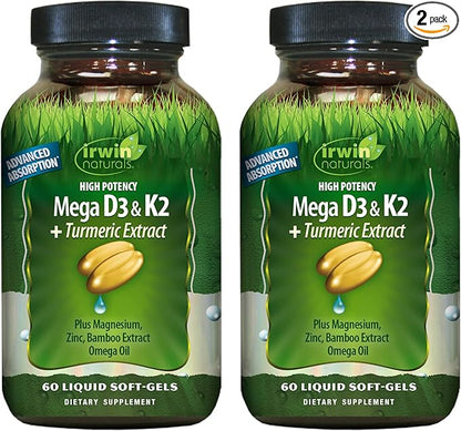 Irwin Naturals High Potency Mega D3 & K2 + Turmeric Extract for Healthy Bones, Immune Function & Positive Mood - Advanced Absorption with Magnesium, Turmeric, Bamboo & Omega Oil - 60 Liquid Softgels
