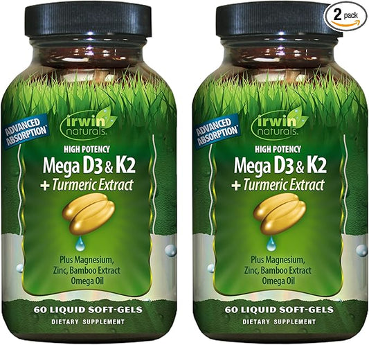 Irwin Naturals High Potency Mega D3 & K2 + Turmeric Extract for Healthy Bones, Immune Function & Positive Mood - Advanced Absorption with Magnesium, Turmeric, Bamboo & Omega Oil - 60 Liquid Softgels