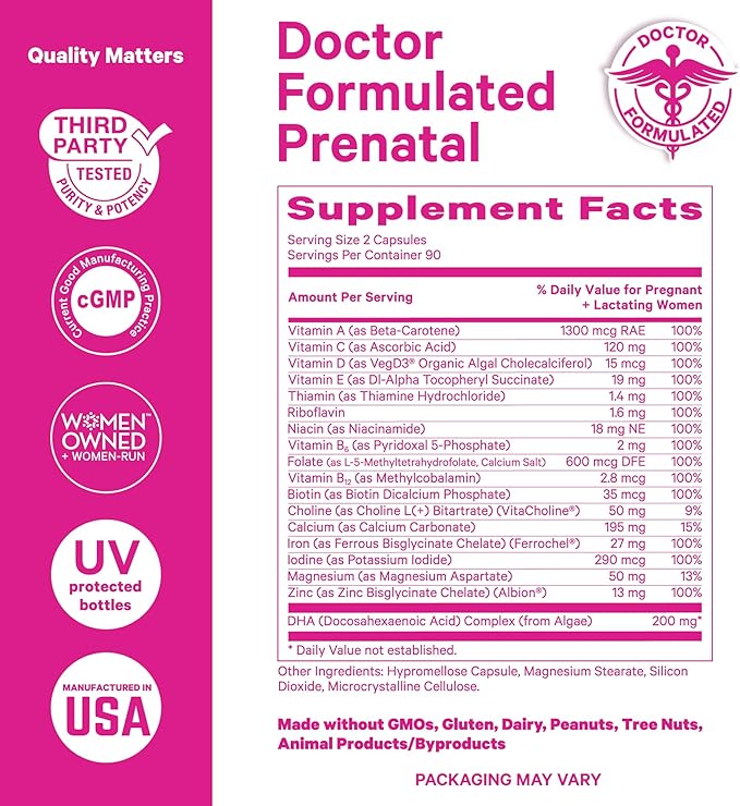 Pink Stork Total Prenatal Vitamins with DHA, Folate, Iron, Choline, and Vitamin B12 - Preconception Nutrition - Prenatals for Women, Pregnancy Must Haves - Mint Essence, 60 Capsules, 1 Month Supply