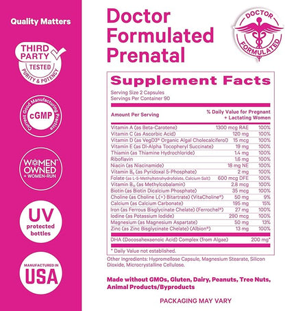 Pink Stork Total Prenatal Vitamins with DHA, Folate, Iron, Choline, and Vitamin B12 - Preconception Nutrition - Prenatals for Women, Pregnancy Must Haves - Mint Essence, 60 Capsules, 1 Month Supply
