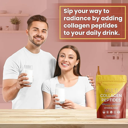 Healthy Living Proteins - Hydrolyzed Multi Collagen Peptides Powder Types I, II, III, V & X - Grass Fed Bovine, Wild Caught Marine, Free Range Chicken - Gluten Free (Strawberry-Lemonade, 16 oz)