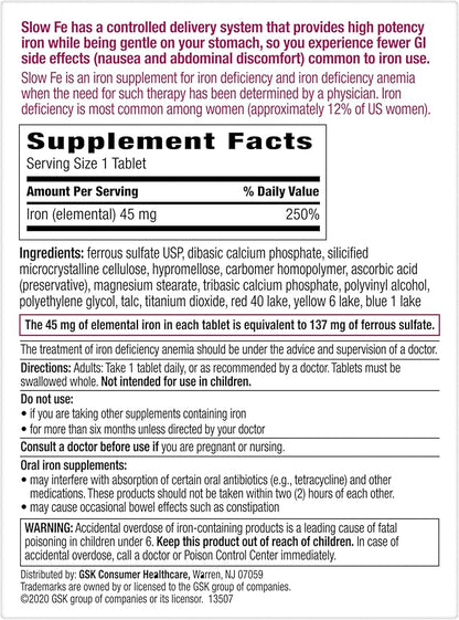 Slow Fe 45mg Iron Supplement for Iron Deficiency, Slow Release, High Potency, Easy to Swallow Tablets - 60 Count