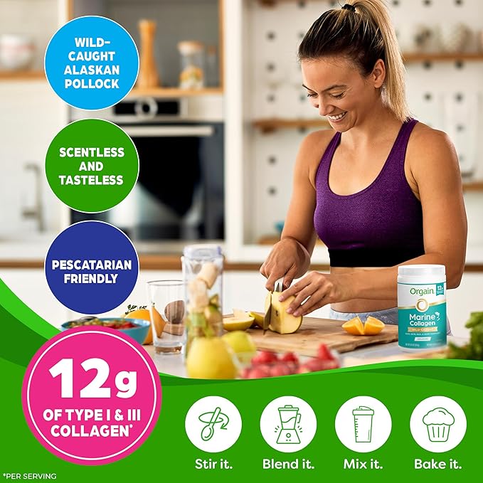 Orgain Wild-Caught Marine Collagen Peptides Powder for Women & Men, Hair, Skin, Nail & Joint Support Supplement, 12g Collagen Per Serving, Pescatarian & Paleo, Non-GMO, Unflavored, Type I & III, 8.5oz