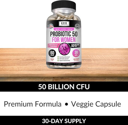 Kaya Naturals Probiotic 50 Billion CFU - Probiotics for Women, Probiotics for Men and Adults, Natural - Gut Health & Immune Support Supplement - Provides Digestive Support - 60 Vegetable Capsules
