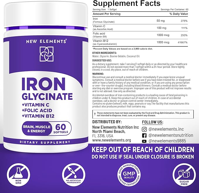 Iron Glycinate 50mg with Vitamin C, Folic Acid & B12 | Advanced Iron Supplement for Anemia Relief, Energy Boost & Immune Support | Gentle on Stomach, Fast Absorption | Natural Softgels for Women & Men