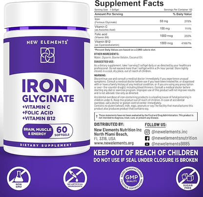 Iron Glycinate 50mg with Vitamin C, Folic Acid & B12 | Advanced Iron Supplement for Anemia Relief, Energy Boost & Immune Support | Gentle on Stomach, Fast Absorption | Natural Softgels for Women & Men