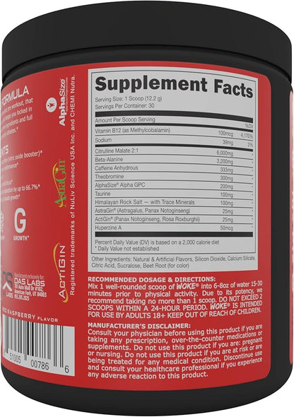 Bucked Up - Woke - HIGH STIM Pre Workout - Best Tasting - Focus Nootropic, Pump, Strength and Growth, 30 Servings (Blood Raz)