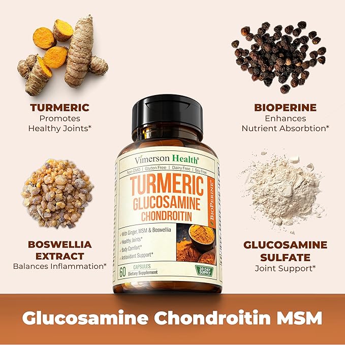 Turmeric Supplement with Glucosamine Chondroitin. Joint Supplements for Women & Men with Ginger, Boswellia, MSM & Tumeric Curcumin with Black Pepper (Bioperine). Aids Immune & Joint Support. 60 Caps