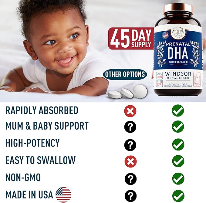 Prenatal DHA and Folic Acid - 830mg Omega-3 (DHA + EPA Fish Oil), 800mcg Folic Acid - High-Potency Prenatal Vitamins for Women - Supports Fetal Development & Baby’s Brain - 90 Strawberry Softgels