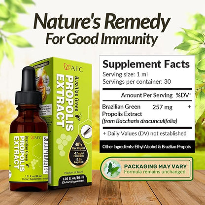 AFC Japan Brazilian Green Propolis Extract – Highest Artepilin C (>2.8% or >28mg/ml) & Flavonoids (>17mg/ml), Premium Quality, for Immune Booster, Tincture, Concentrated Liquid