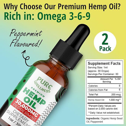 Pure Wellness Organic Hemp Seed Oil (2 Oz), Peppermint Flavor, High Potency 30,000 mg - Non-GMO, Vegan