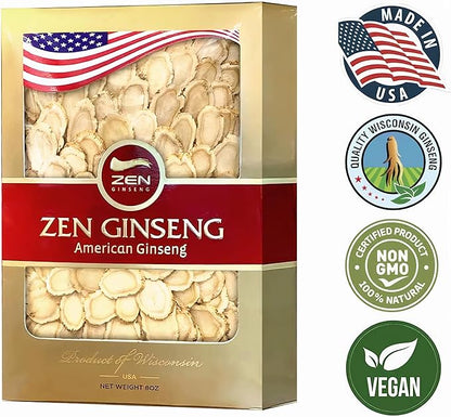 Zen American Wisconsin Ginseng Slices — Improved Energy, Performance, & Mental Health for Men & Women (8oz. Box)