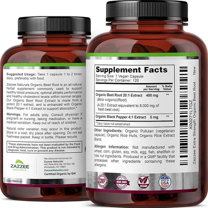 Zazzee USDA Organic Beet Root 8000 mg Strength 20:1 Extract, 120 Vegan Quick Release Capsules, Black Pepper Extract for Enhanced Absorption, Supports Nitric Oxide Production, Non-GMO, Made in The USA