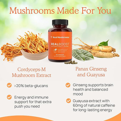 Real Mushrooms RealBoost Capsules - Mushroom Supplement Blend with Cordyceps Mushroom, Panax Ginseng Extract Guayusa Energy, Immune Defense, Mood Support Vegan, 60 Caps