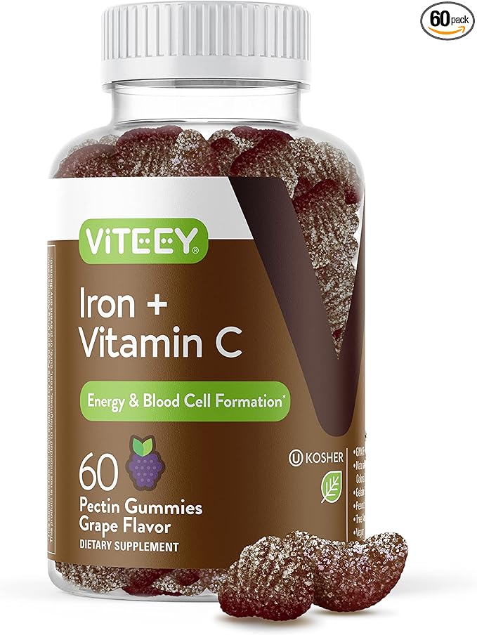 Viteey Iron Gummies 20mg + Vitamin C 26mg for Iron Deficiency and Anemia, Supports Energy, Blood Cell Formulation, Blood Builder, Vegan Supplements, Gelatin and GMO Free, Chewable Grape Gummy Chews