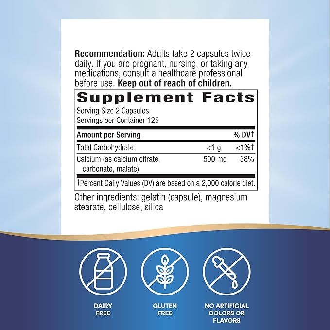 Nature's Way Calcium Citrate, 500 mg Calcium per 2-Capsule Serving, for Bone Health & Muscle Function*, Blend of Citrate, Carbonate & Malate, Gluten Free, 250 Capsules (Packaging May Vary) - 2 Pack