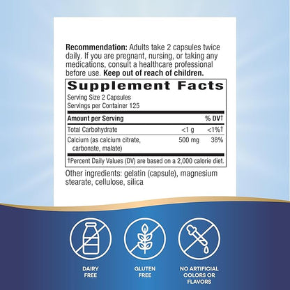 Nature's Way Calcium Citrate, 500 mg Calcium per 2-Capsule Serving, for Bone Health & Muscle Function*, Blend of Citrate, Carbonate & Malate, Gluten Free, 250 Capsules (Packaging May Vary) - 2 Pack