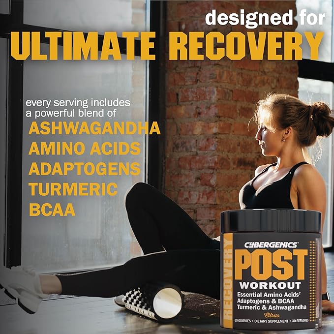 Post-Workout Gummies, Recovery Accelerator, Support Muscle Recovery & Joint Health, Essential Amino Acids, with Ashwagandha & Curcumin, BCAAs, Citrus Flavor, 60 Gummies, 30 Servings