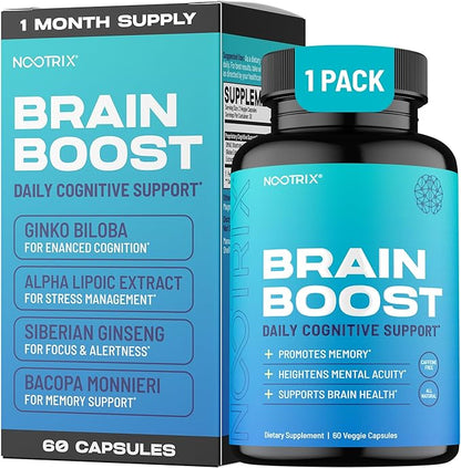 Brain Boost Nootropic Supplement | Supports Memory, Mental Focus, Cognitive Health & Energy | Promotes Healthy Mood & Brain Function | Ginkgo Biloba & DMAE | 60 Capsules