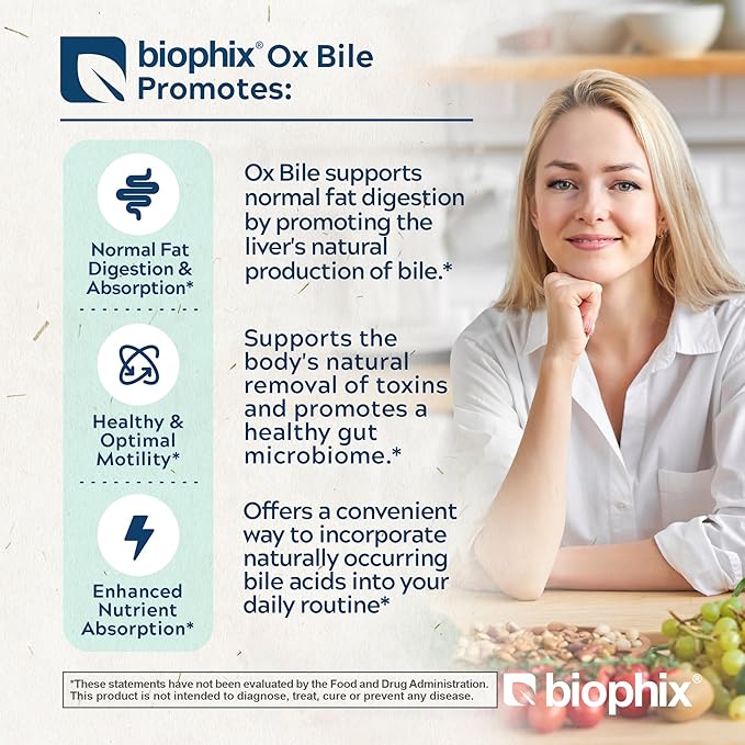 biophix Ox Bile 1000 mg with BioPerine 120 Veggie Capsules - High Absorption Digestive Enzymes Supplement - Liver Metabolic GI Fat Metabolism Support