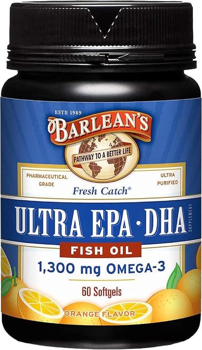 Barlean's Fish Oil Omega 3 Supplement, High Potency Ultra EPA DHA Fatty Acid Softgels, 1000mg Orange Flavored Fish Oil Pills, 60 Count