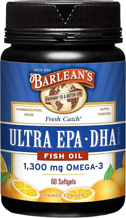 Barlean's Fish Oil Omega 3 Supplement, High Potency Ultra EPA DHA Fatty Acid Softgels, 1000mg Orange Flavored Fish Oil Pills, 60 Count