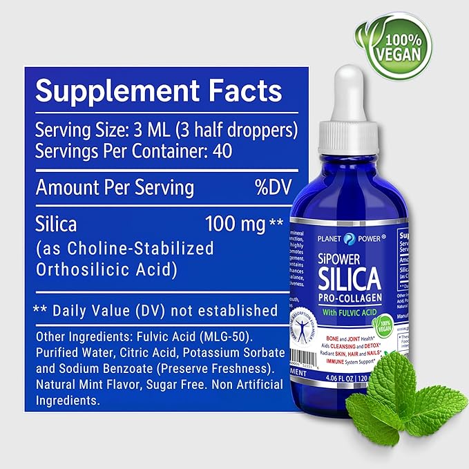 SiPower Silica Vegan Collagen, Supplement Drops - Liquid Orthosilicic Acid (CH-OSA) + Fulvic Acid. Natural Collagen Booster for Joints, Bones, Hair, Skin, Nails, Immune & Digestive Health-4oz