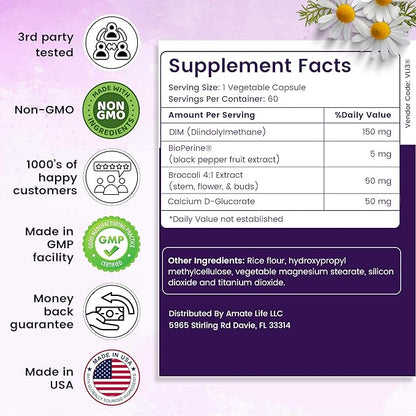 Women’s DIM Complex 150mg - Bioperine Estrogen Balancing Pills for Menopause & Hot Flashes Relief Support Hormonal Acne Powerful Supplement - 60 Capsules - Made in USA