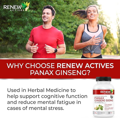 RENEW ACTIVES Panax Ginseng 1000MG per 2 Capsules – Boosts Physical & Cognitive Health, Enhances Energy, Supports Mental Clarity & Focus, Promotes Performance & Vitality – Made in Canada – 60 Capsules