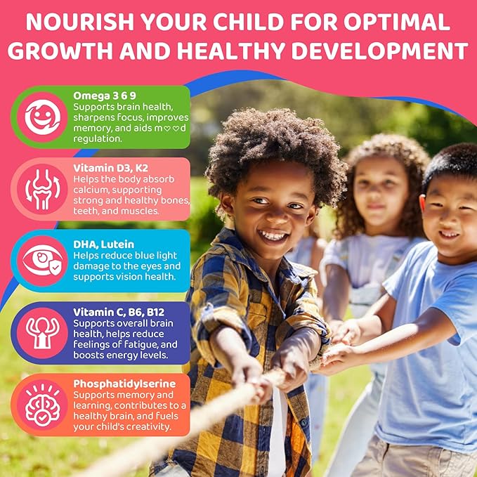 Omega 3 Gummies for Kids 4+, with DHA, Vitamin D3 K2, C, B6 B12, Luetin & Omega 3 6 9, No Fish Taste, Sugar Free Kids Vitamins Gummies, for Brain Bone Eyes Focus Immunity, Fish Oil Alternative, 120Cts