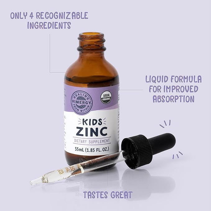 Vimergy Kids Organic Liquid Zinc Sulfate – For Children & Adolescence 1-18 Years Old, Fast-Absorbing Immune Support* – Promotes Healthy Bones, Hair & Skin. USDA Organic, Kosher, Vegan, Non-GMO – 55 mL