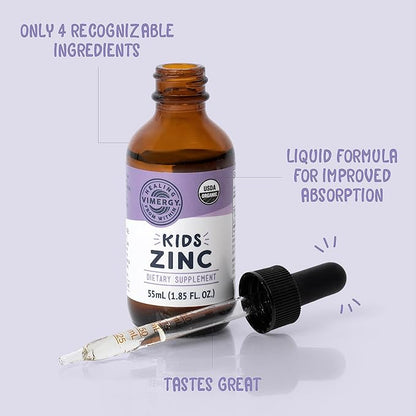 Vimergy Kids Organic Liquid Zinc Sulfate – For Children & Adolescence 1-18 Years Old, Fast-Absorbing Immune Support* – Promotes Healthy Bones, Hair & Skin. USDA Organic, Kosher, Vegan, Non-GMO – 55 mL