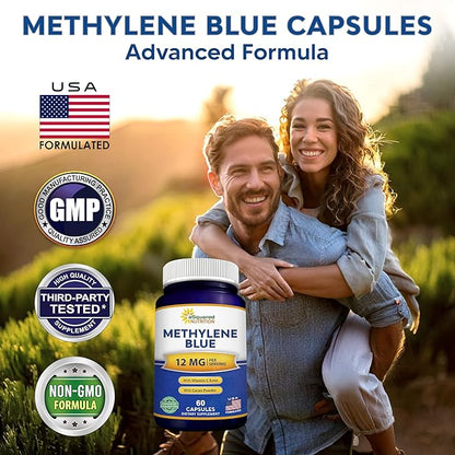 aSquared Nutrition Methylene Blue Capsules - Pharmaceutical Grade Supplement for Humans - 12mg USP Grade - w/Vitamin C & Cacao Powder - Brain, Focus, Energy - Alternative to Drops & Tablets