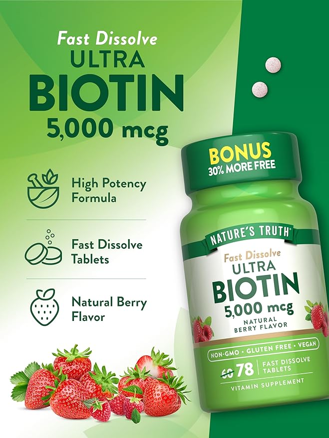Nature's Truth Biotin 5000mcg | 78 Fast Dissolve Tablets | Natural Berry Flavor | Vegan, Non-GMO, Gluten Free