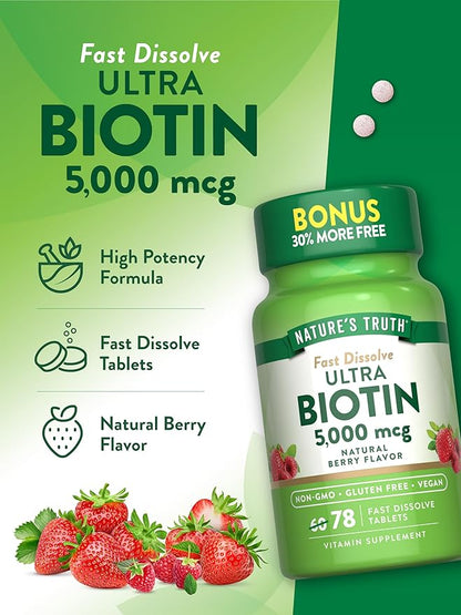 Nature's Truth Biotin 5000mcg | 78 Fast Dissolve Tablets | Natural Berry Flavor | Vegan, Non-GMO, Gluten Free
