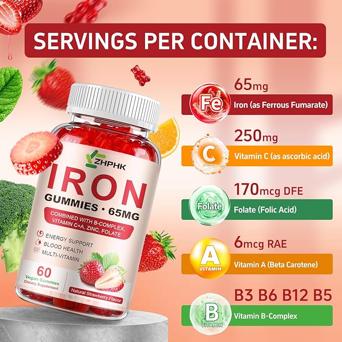 Iron Supplement Gummies, 65mg Iron and 250mg Vitamin C for Women Men Kids, Natural Vegan Iron Gummy with Vitamin A, B-Complex, Biotin, Zinc & Folate Energy Support & Immune Health, 60 Gummies